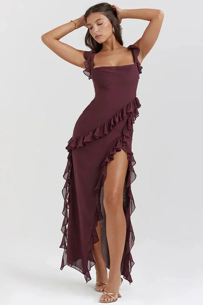 Ruffle Strap Square Neck Wrap Slit Chiffon Maxi Dress
