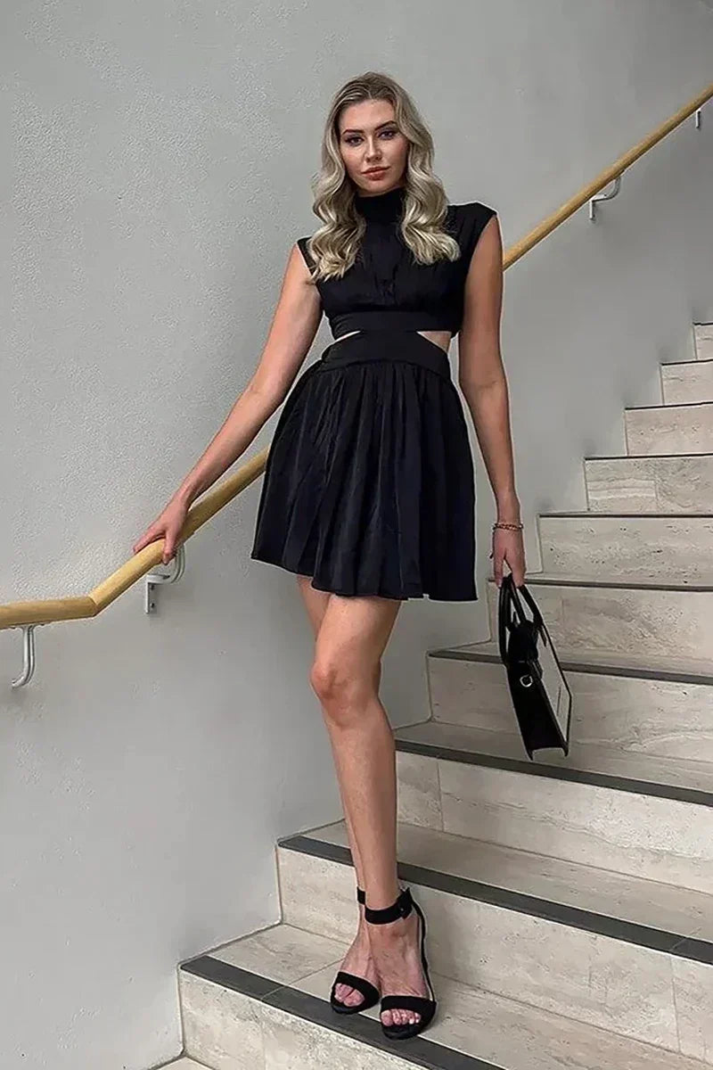 Mock Neck Sleeveless Waist Cutout Flared Skirt Mini Dress