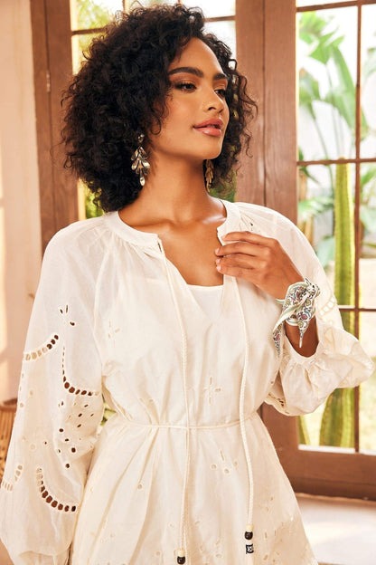 Eyelet Embroidery Puff Sleeve Tassel Tie-Neck Drawstring Midi Dress