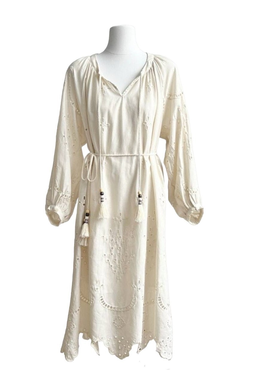 Eyelet Embroidery Puff Sleeve Tassel Tie-Neck Drawstring Midi Dress