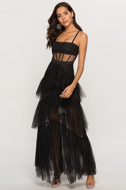 Spaghetti Strap Sweetheart Corset Mesh Panel Chevron Tier Tulle Maxi Gown