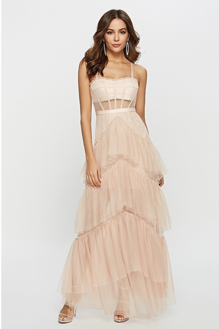Spaghetti Strap Sweetheart Corset Mesh Panel Chevron Tier Tulle Maxi Gown