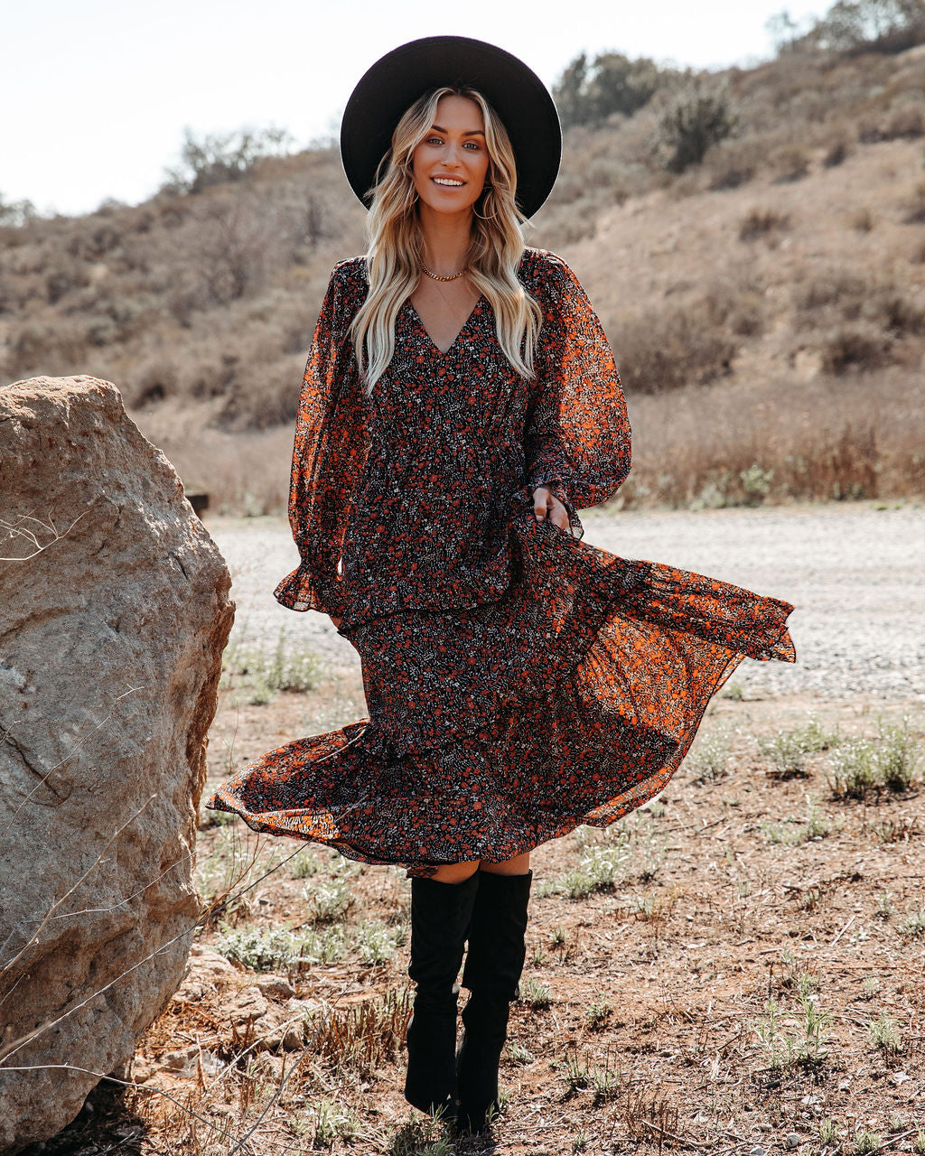 Deep V Neck Bishop Sleeve Smocked Waist Tiered Floral Maxi Dress