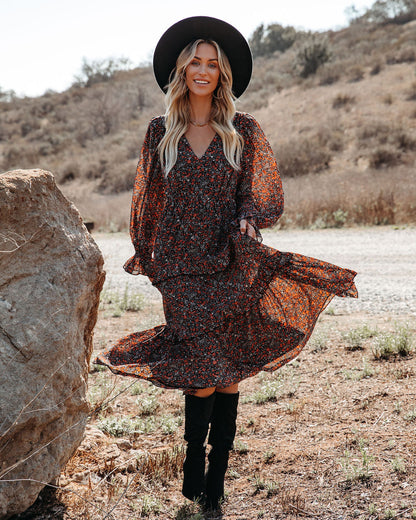 Deep V Neck Bishop Sleeve Smocked Waist Tiered Floral Maxi Dress