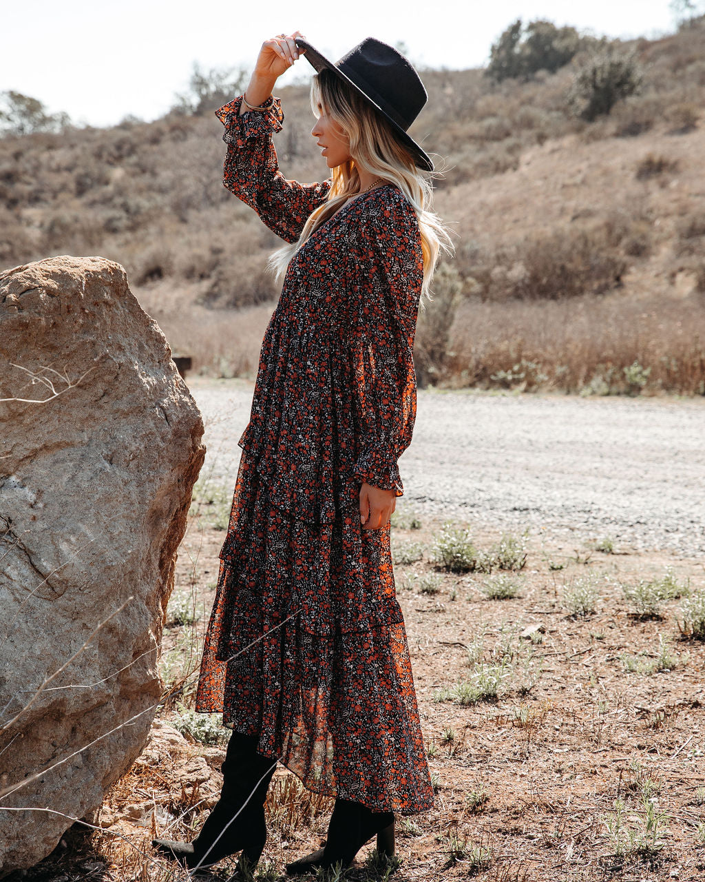 Deep V Neck Bishop Sleeve Smocked Waist Tiered Floral Maxi Dress