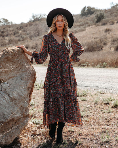 Deep V Neck Bishop Sleeve Smocked Waist Tiered Floral Maxi Dress