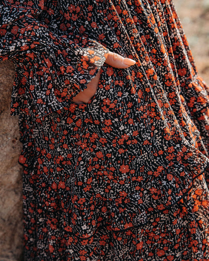 Deep V Neck Bishop Sleeve Smocked Waist Tiered Floral Maxi Dress
