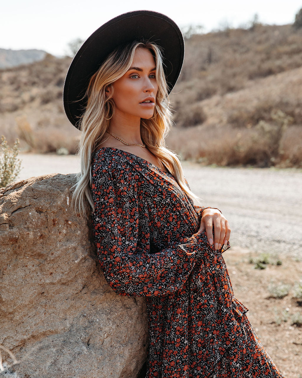 Deep V Neck Bishop Sleeve Smocked Waist Tiered Floral Maxi Dress
