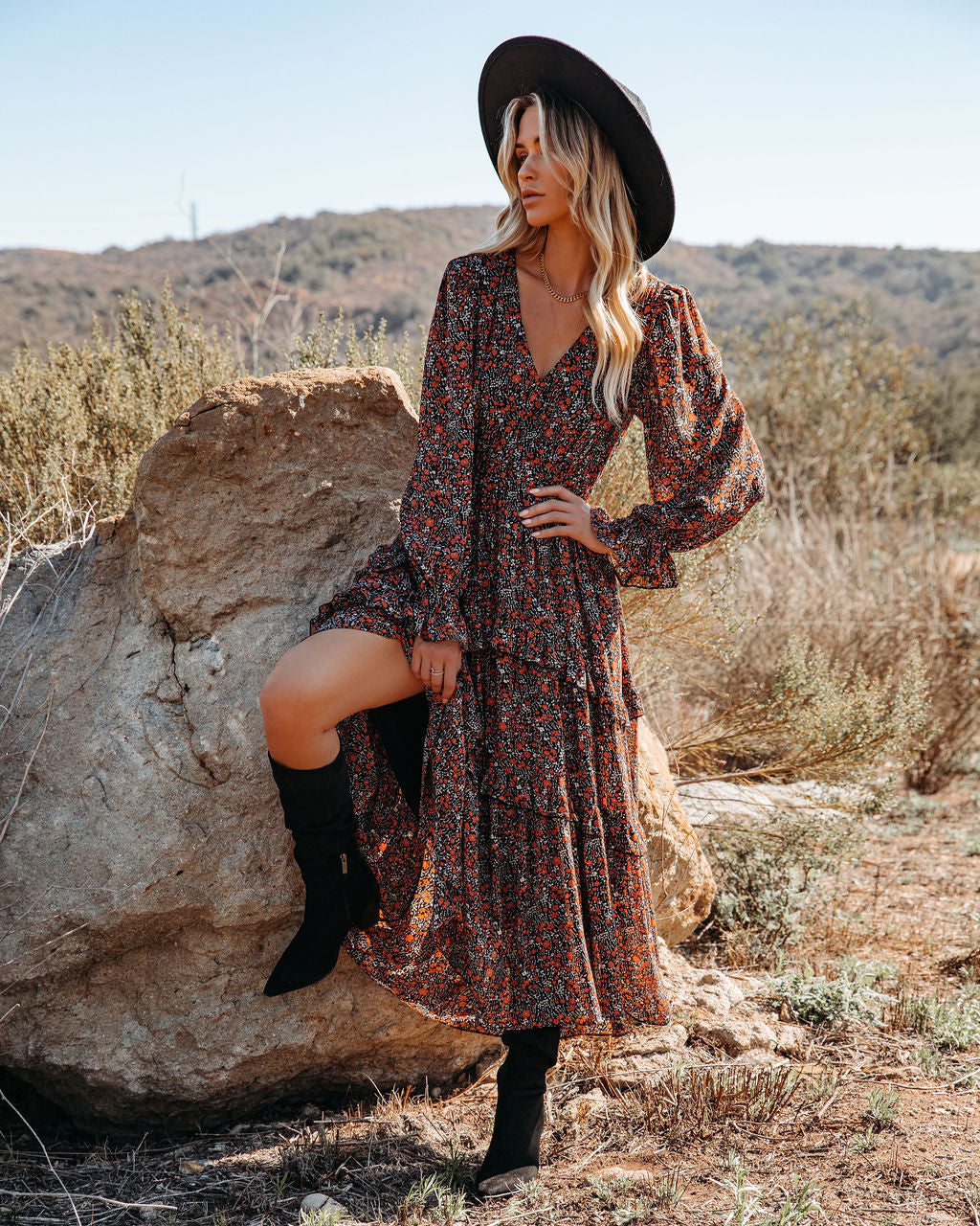 Deep V Neck Bishop Sleeve Smocked Waist Tiered Floral Maxi Dress