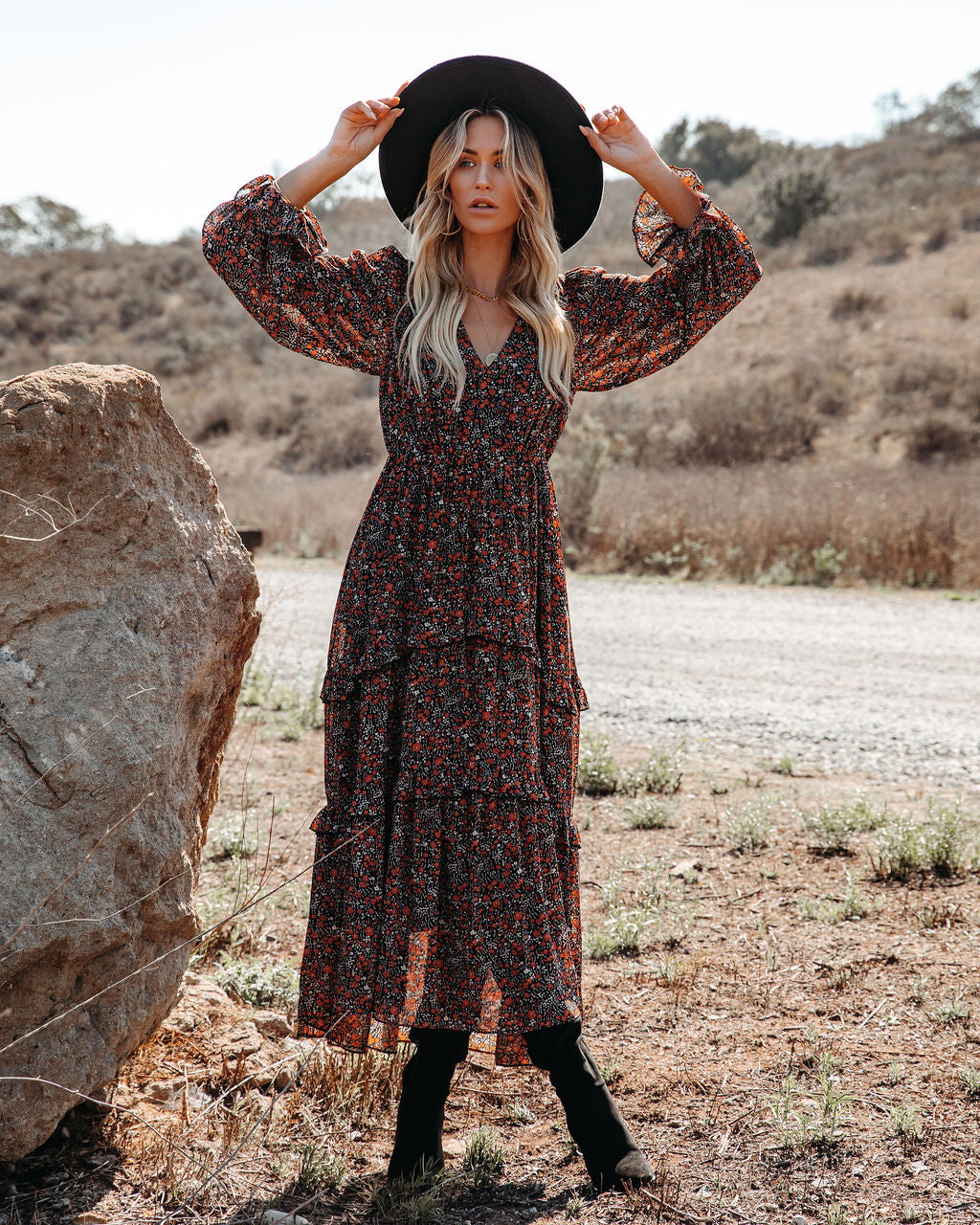Deep V Neck Bishop Sleeve Smocked Waist Tiered Floral Maxi Dress