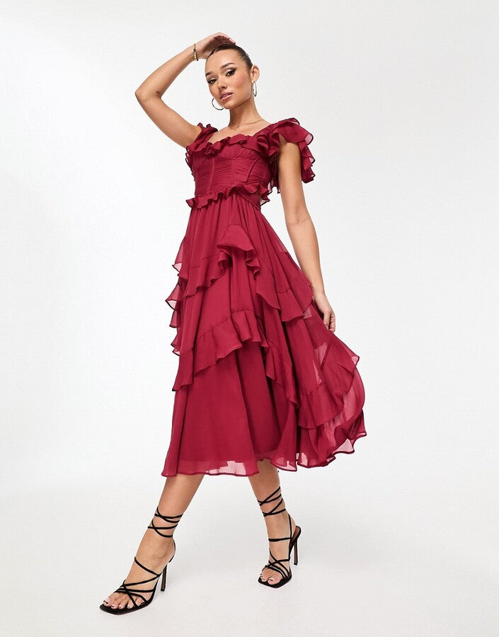 Square Neck Corset Tiered Ruffle Midi Dress