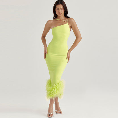 One Shoulder Spaghetti Strap Feather Trim Bodycon Midi Dress