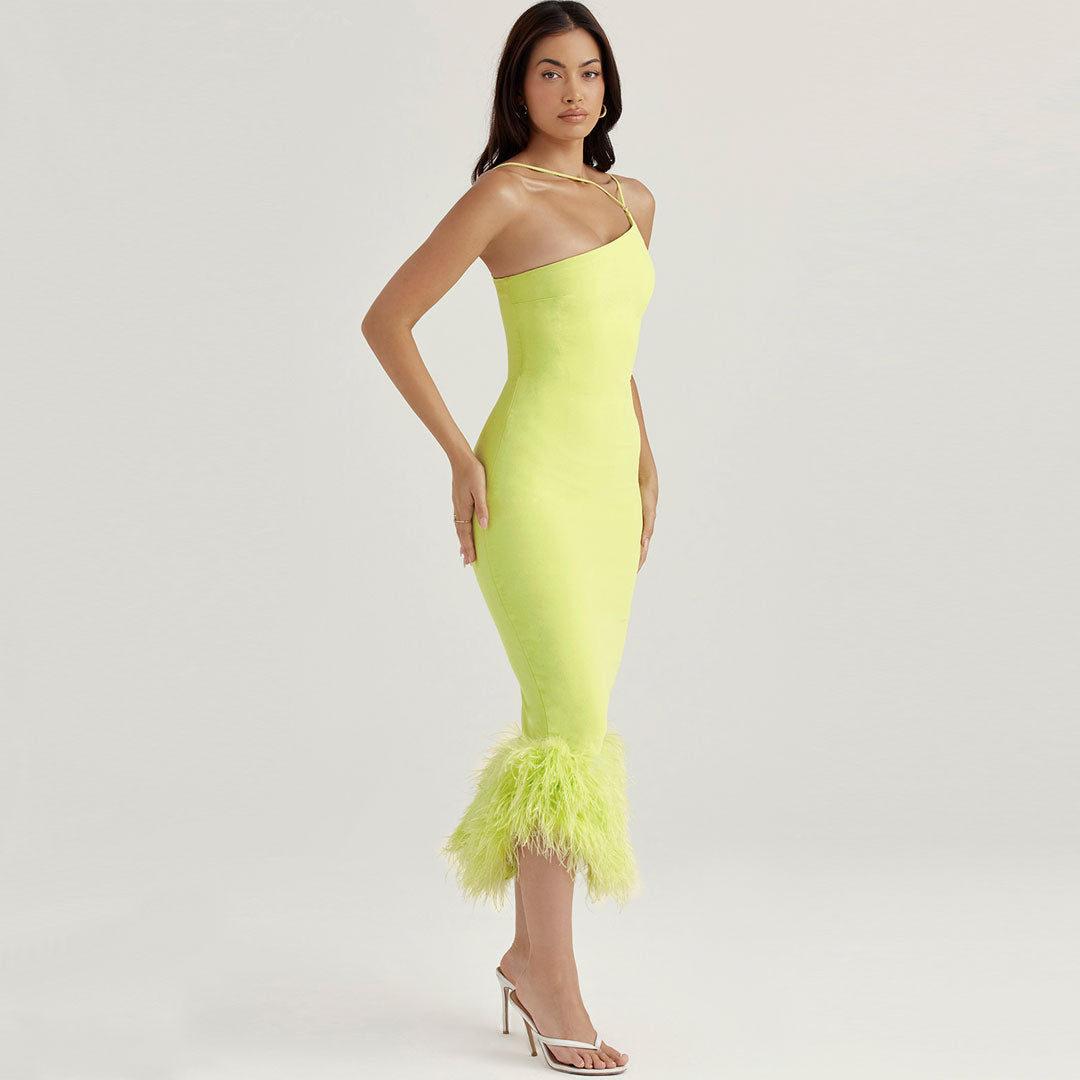 One Shoulder Spaghetti Strap Feather Trim Bodycon Midi Dress