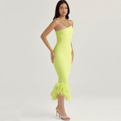 One Shoulder Spaghetti Strap Feather Trim Bodycon Midi Dress