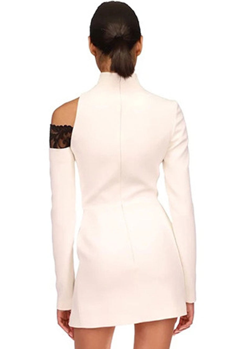 High Neck Long Sleeve Lace Inset Diagonal Cutout Asymmetric Hem Mini Dress