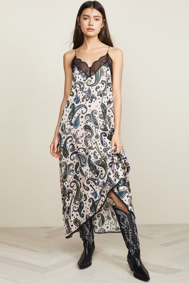 Paisley Print Lace Trim Spaghetti Strap French Slip Midi Dress