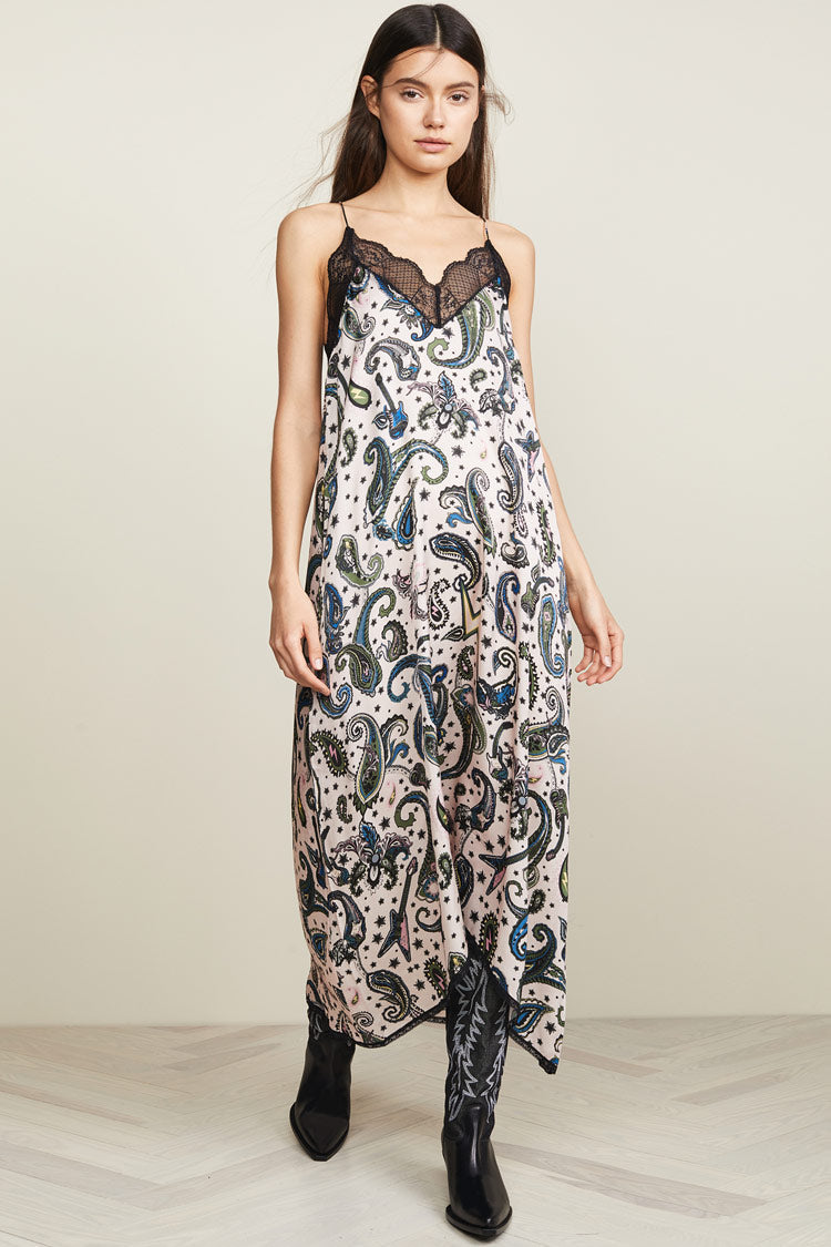 Paisley Print Lace Trim Spaghetti Strap French Slip Midi Dress