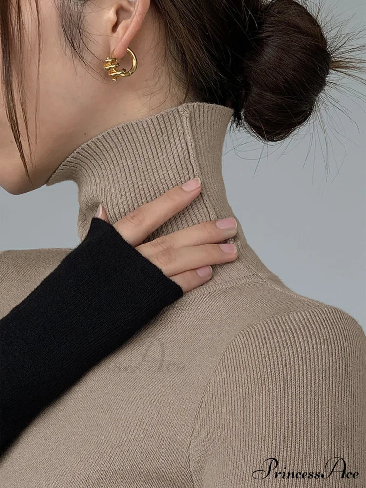 Asymmetric Patchwork Long Sleeve Modern Mock Neck Knit Top