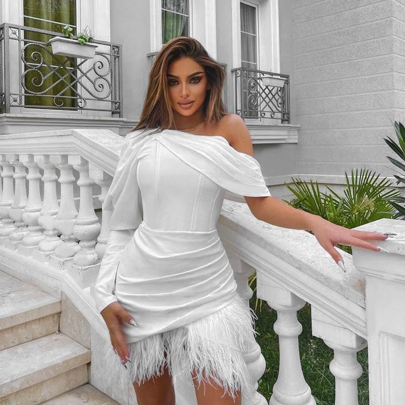 One-Shoulder Long Sleeve Corset Bodice Feather Hem Ruched Mini Dress