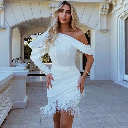 One-Shoulder Long Sleeve Corset Bodice Feather Hem Ruched Mini Dress