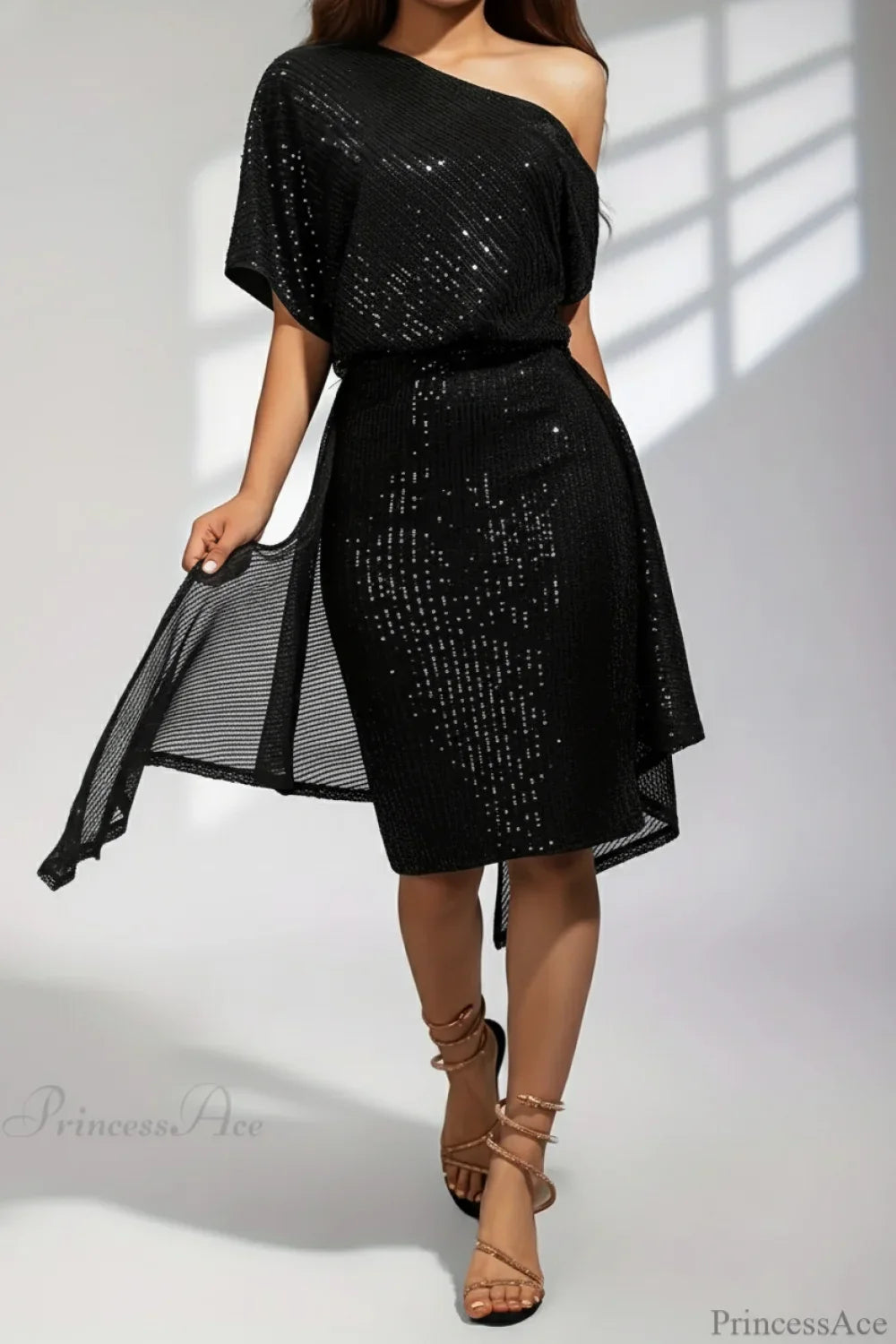 Asymmetric Shoulder Sequined Fitted Irregular Mini Dress