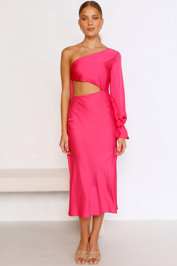 One Shoulder Long Sleeve Side Cutout Satin Midi Dress