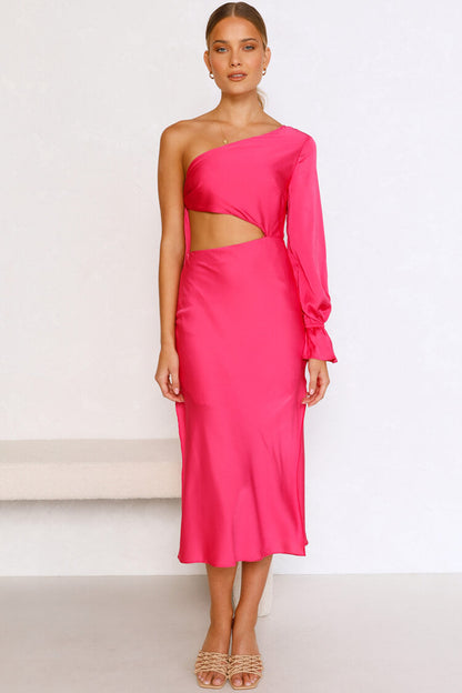One Shoulder Long Sleeve Side Cutout Satin Midi Dress