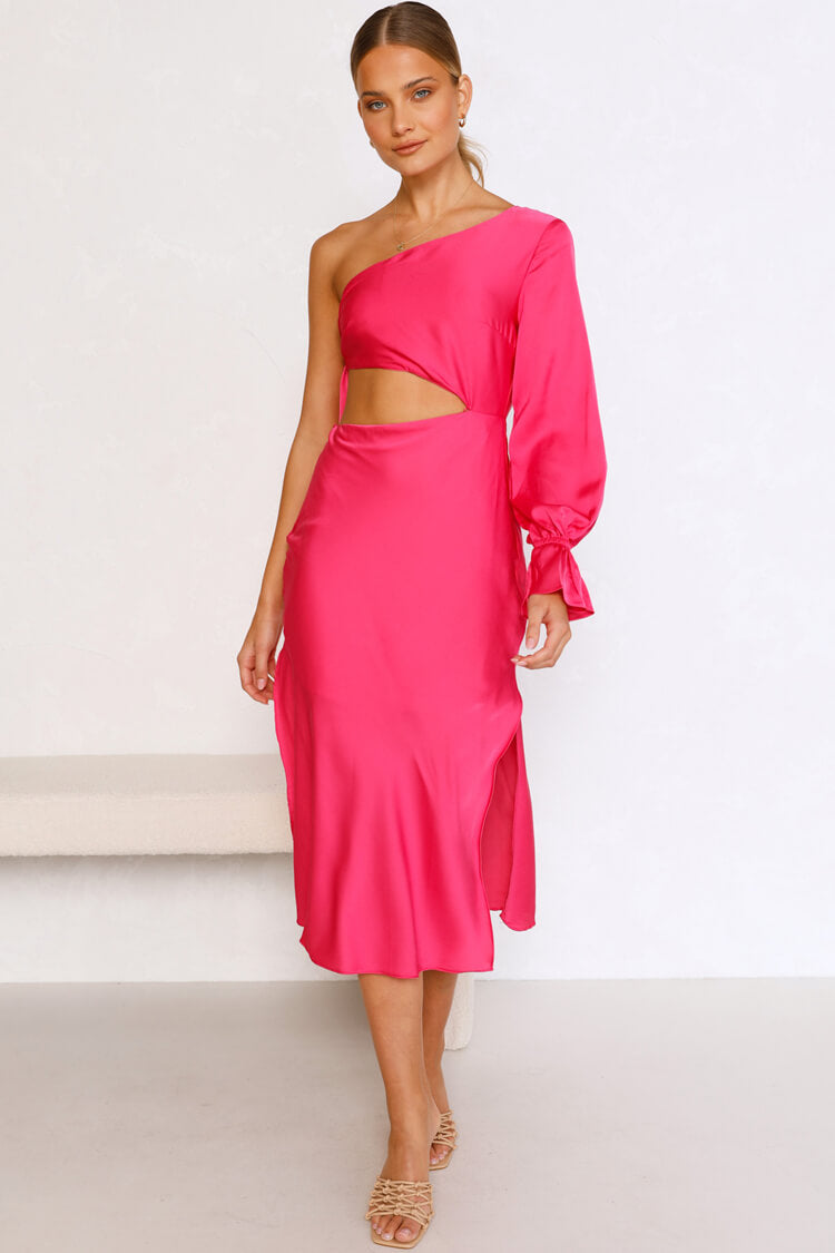 One Shoulder Long Sleeve Side Cutout Satin Midi Dress