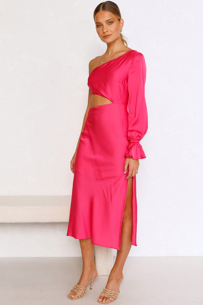 One Shoulder Long Sleeve Side Cutout Satin Midi Dress