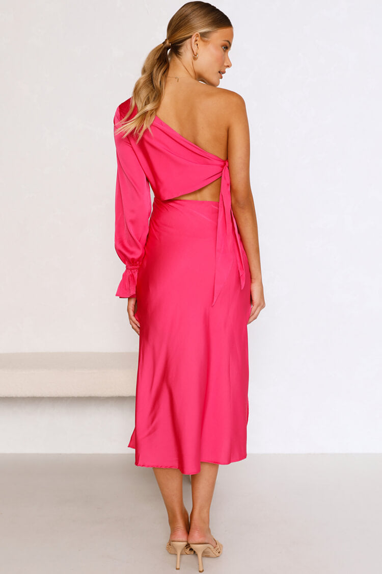 One Shoulder Long Sleeve Side Cutout Satin Midi Dress