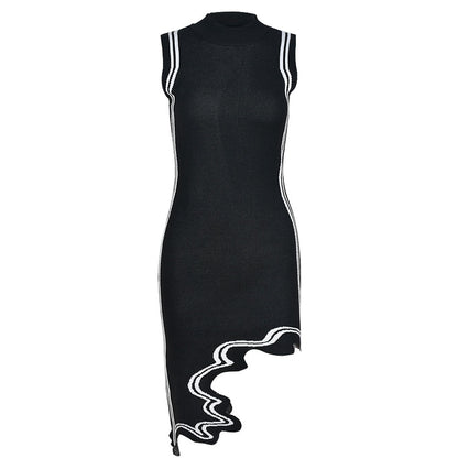 Mock Neck Sleeveless Contrast Side Stripe Scalloped Hem Knit Mini Dress