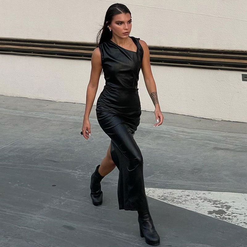 Asymmetrical Neck Twist Trim Sleeveless Faux Leather Maxi Dress