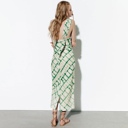 One Shoulder Checkered Print Tie Dye Midi Dress