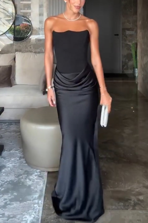 Attend The Gala Strapless Corset Satin Ruched Hip Drape Maxi Dress