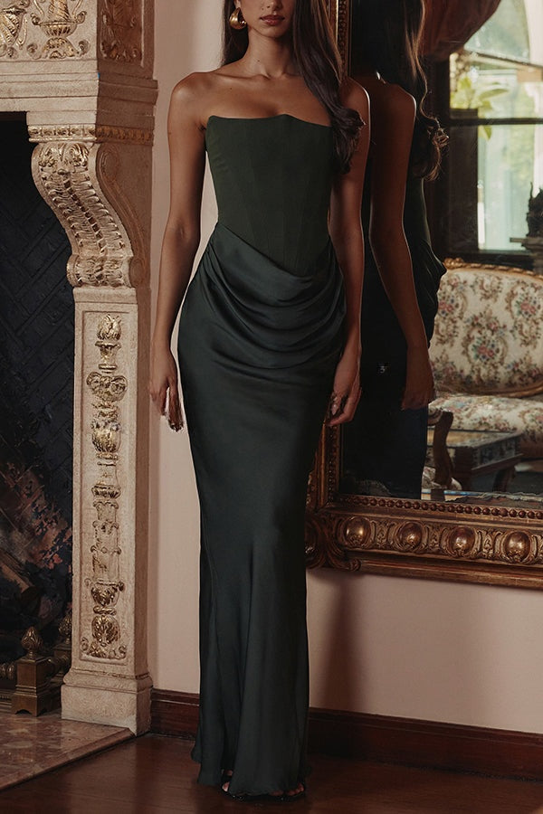 Attend The Gala Strapless Corset Satin Ruched Hip Drape Maxi Dress