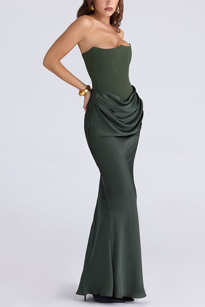 Attend The Gala Strapless Corset Satin Ruched Hip Drape Maxi Dress