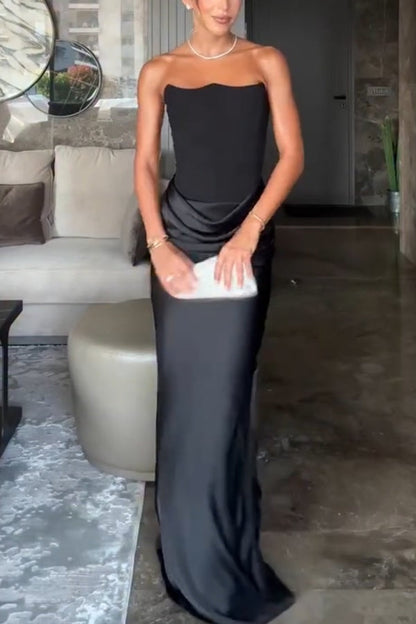 Attend The Gala Strapless Corset Satin Ruched Hip Drape Maxi Dress