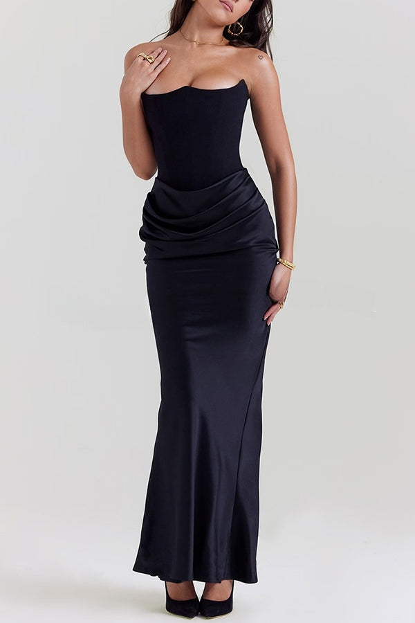 Attend The Gala Strapless Corset Satin Ruched Hip Drape Maxi Dress