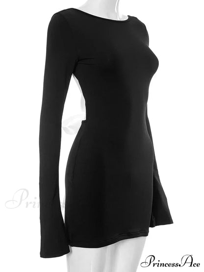 Autumn Slim Fit Backless Black Long Mini Dress