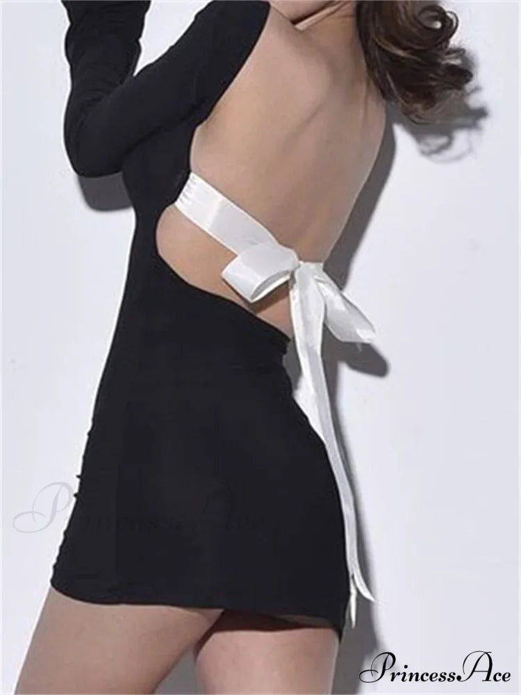 Autumn Slim Fit Backless Black Long Mini Dress