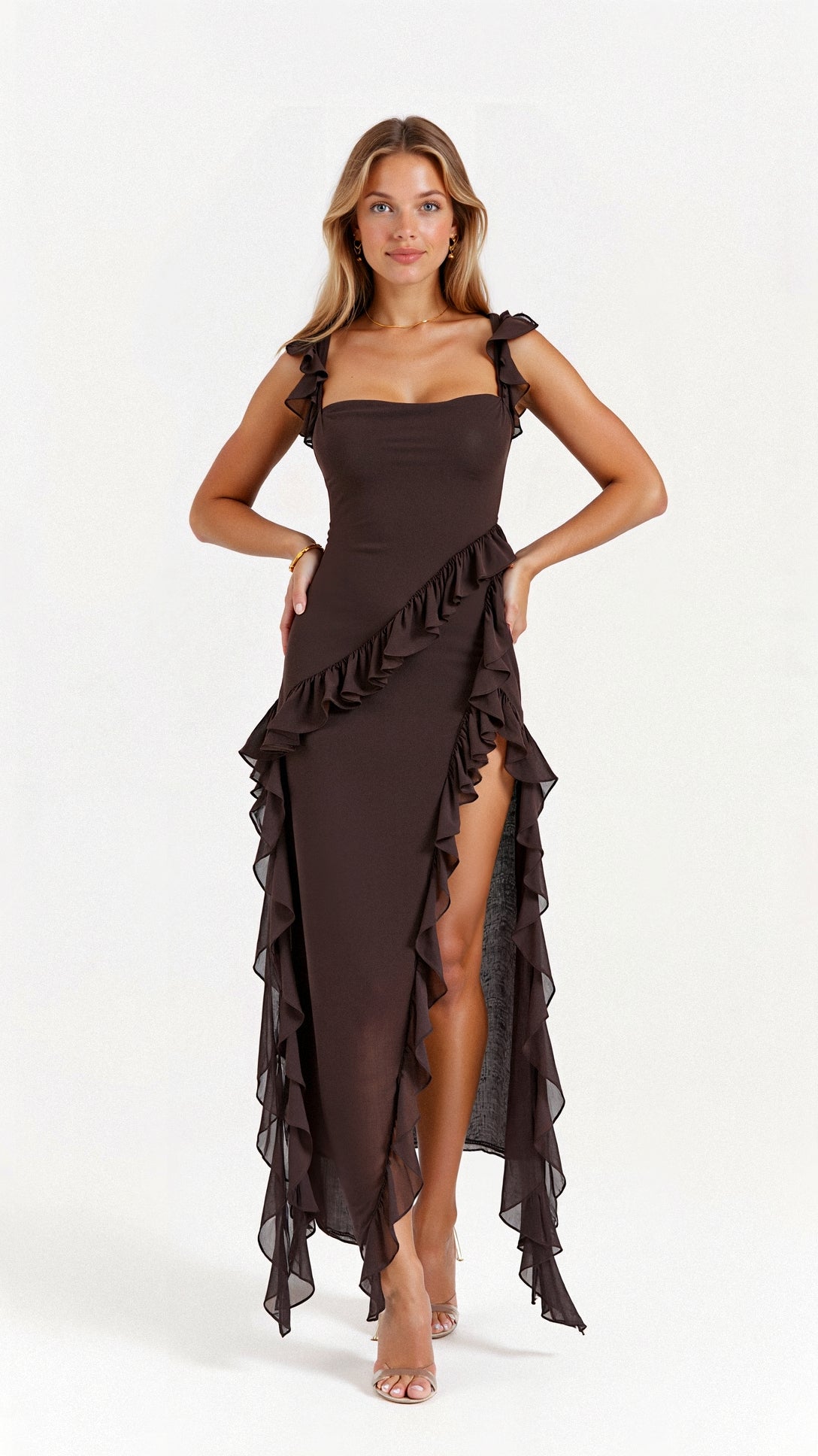 Square Neck Ruffle Strap Faux Wrap Asymmetrical Hem Midi Dress