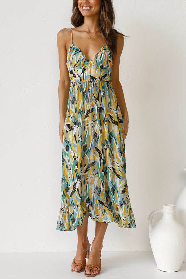 Abstract Print Spaghetti Strap V-Neck Drawstring Waist Tiered Ruffle Midi Dress