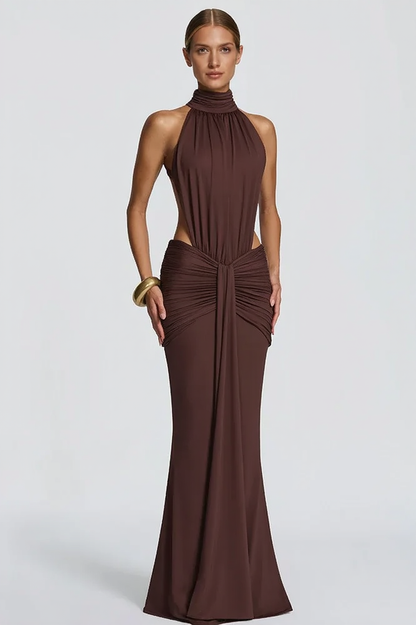 Mock Neck Side Cutout Ruched Mermaid Maxi Gown