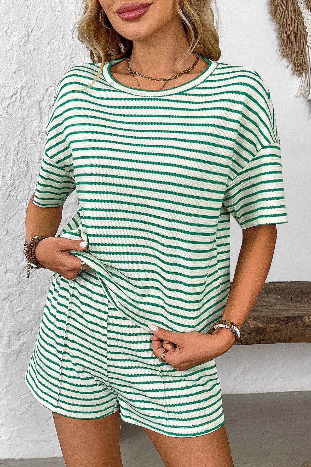 Knitted Striped Casual Athletic Short Two Piece Set