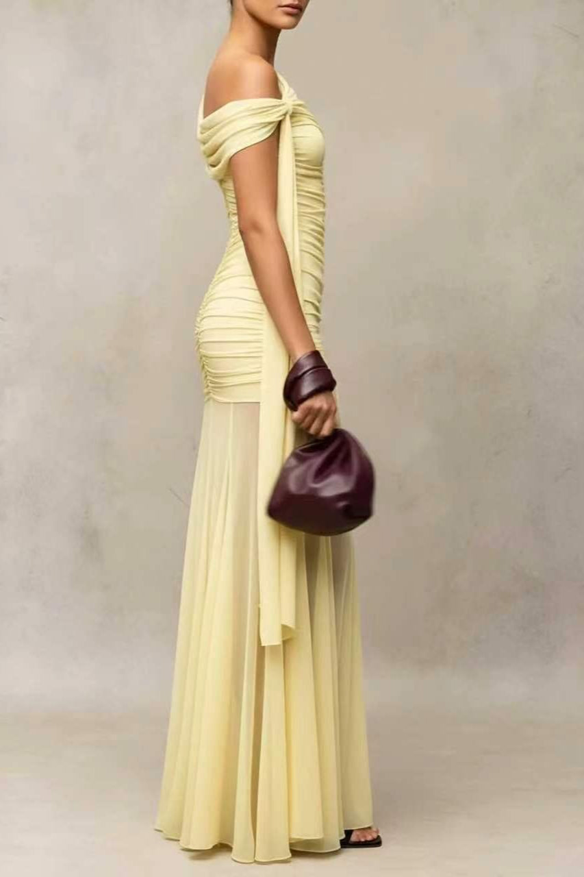 One Shoulder Ruched Mesh Maxi Dress