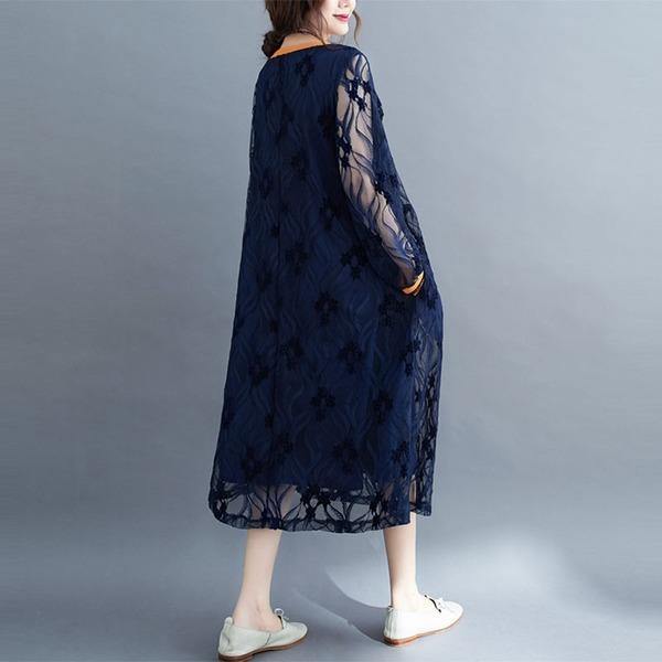 Round Neck Floral Lace Overlay Babydoll Waist Long Sleeve Midi Dress