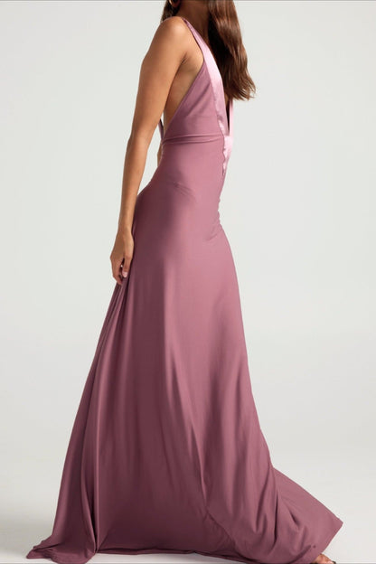 Deep V Satin Backless Maxi Dress