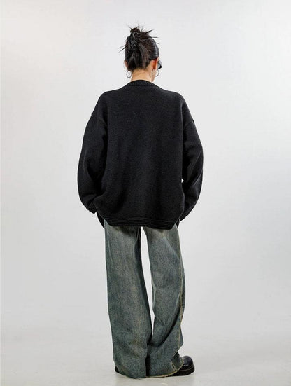 Ribbed Trim Oversized Button Zip Knit Cardigan