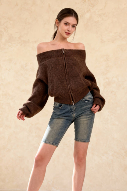 Retro Zip Off-Shoulder Slim-Fit One-Size Knit Cardigan