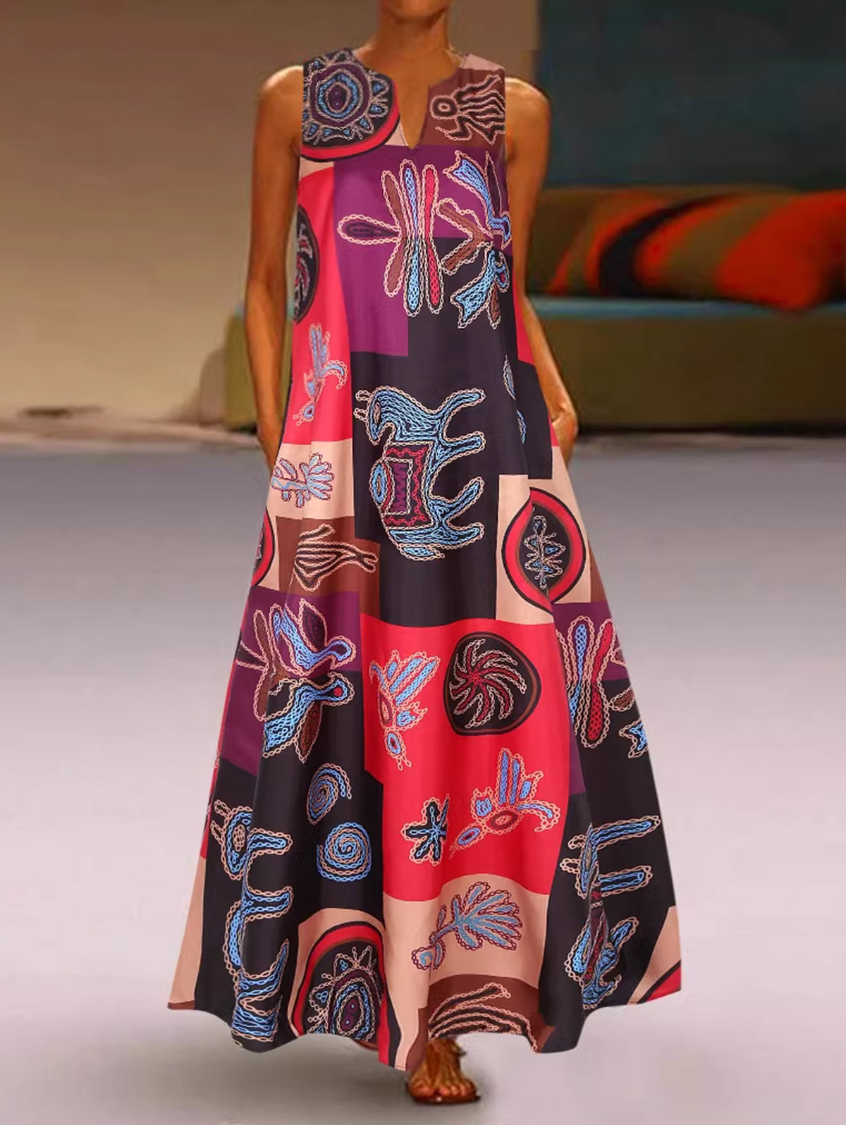 Deep V Neck Sleeveless Folk Art Patchwork Print Floor Length Maxi Dress